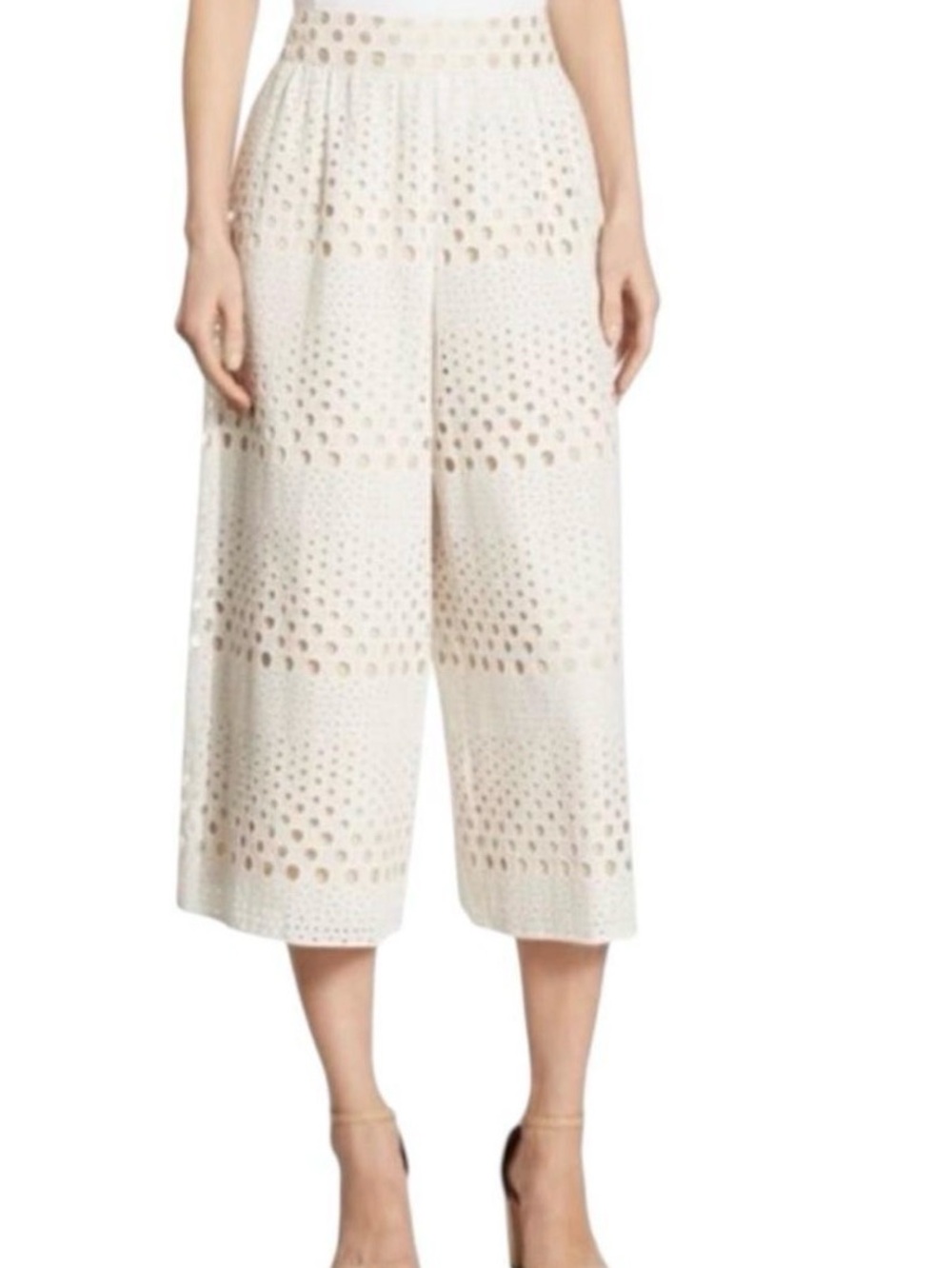 Alice + Olivia Samara Eyelet Wide Leg Culotte Pants White Cream Size 8